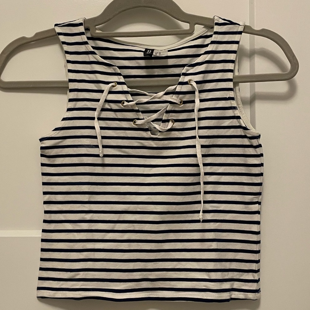 Blue & white striped tie front cropped top